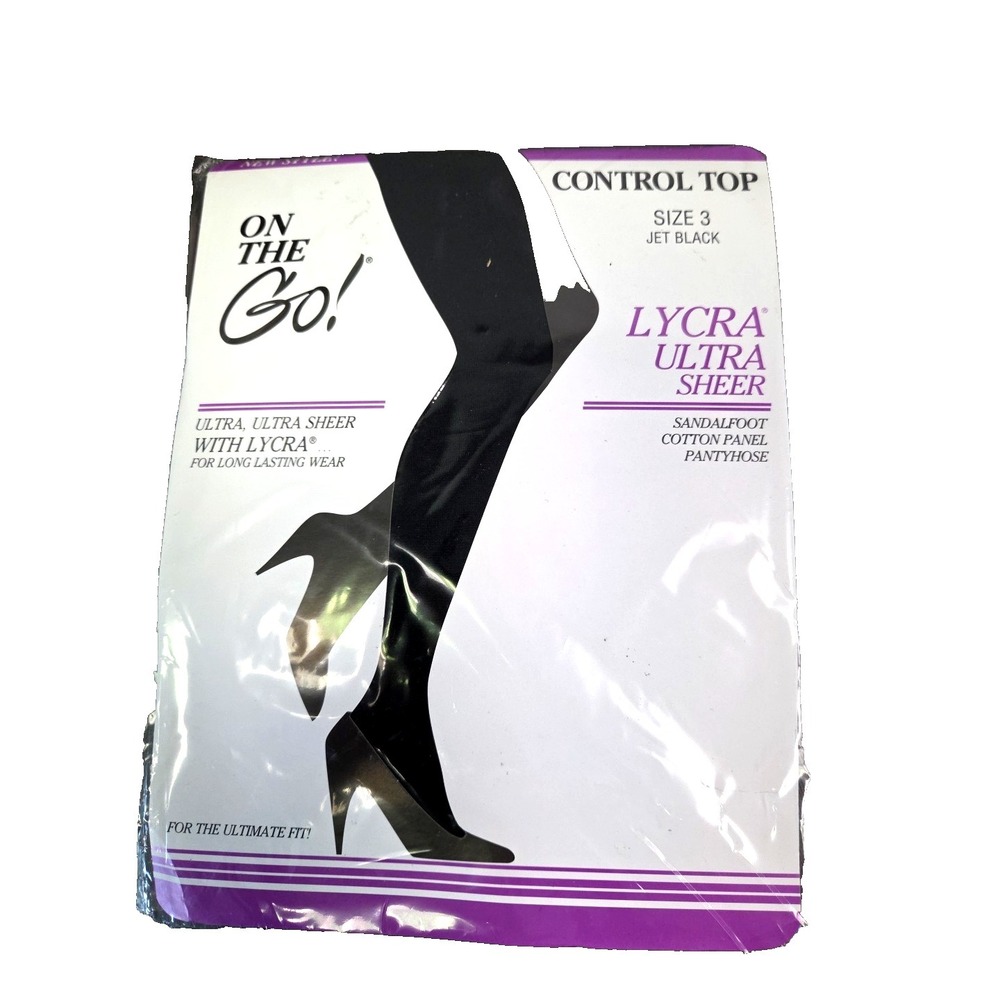 On the Go! Lycra Ultra Sheer‎ Control Top Pantyhose Jet Black Size 3 New